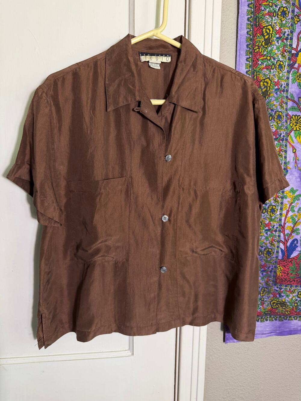 New York Studio 100% Silk Brown Button Front Shirt Short Sleeve - Womens M
